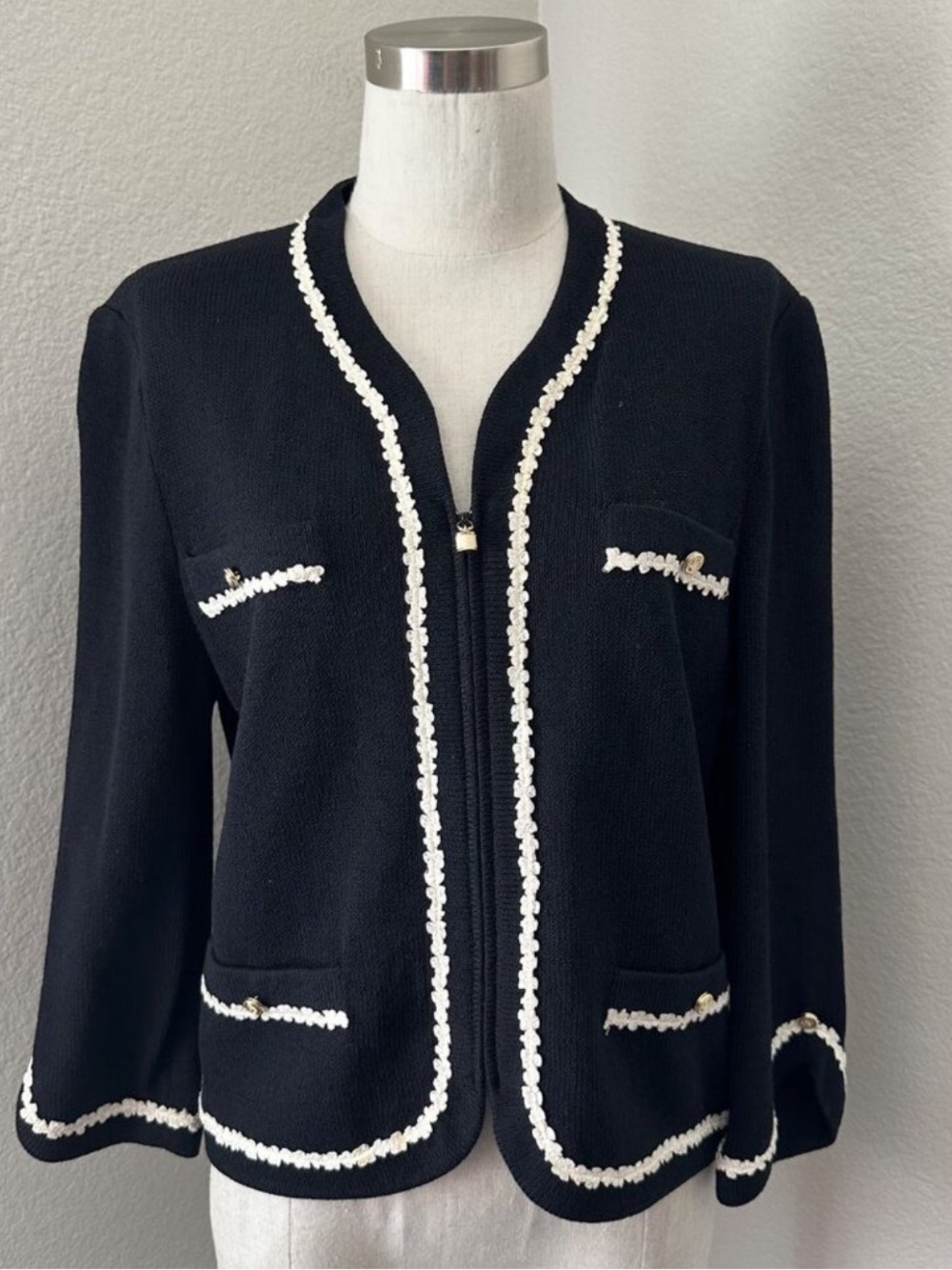 St. John Collection Black Jacket with White Trim - Open Front Knit Blazer